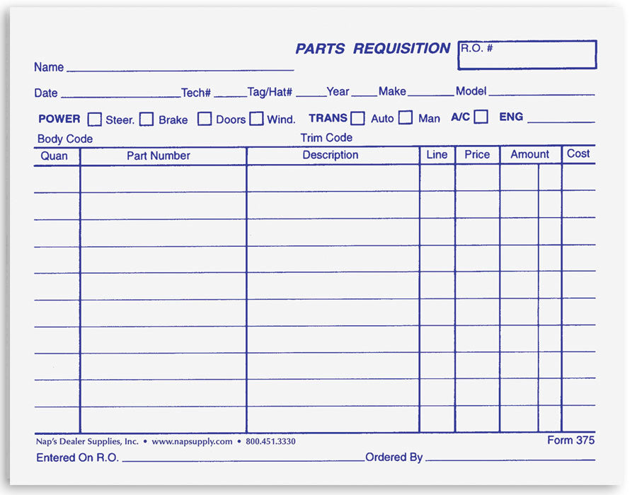 Parts Requisition Form 1 Part Bond Paper - Pack of 1000