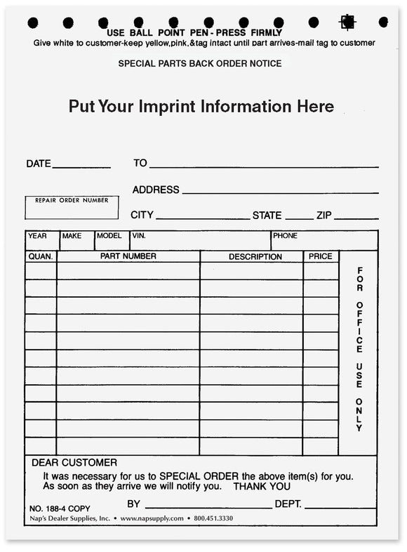 Special Part Back Order Notices 4 Part Custom Printed - Pack of 500
