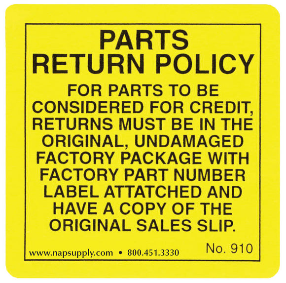 Parts Return Policy Labels - Yellow - Roll of 250