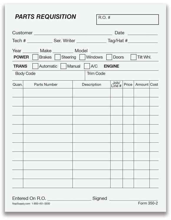Parts Requisition Form 2 Part - Vertical Layout - Pack of 100