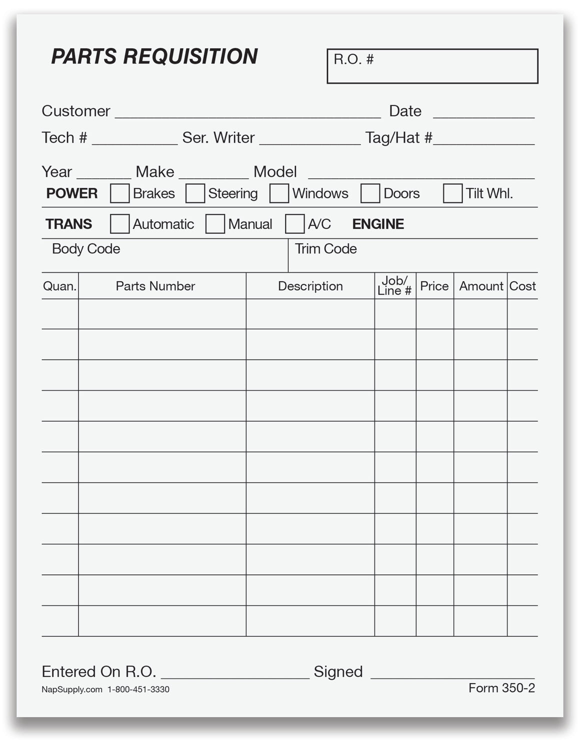 Hum Part Request Parts Requisition Form - 2 Part - NapSupply.com – Nap Supply