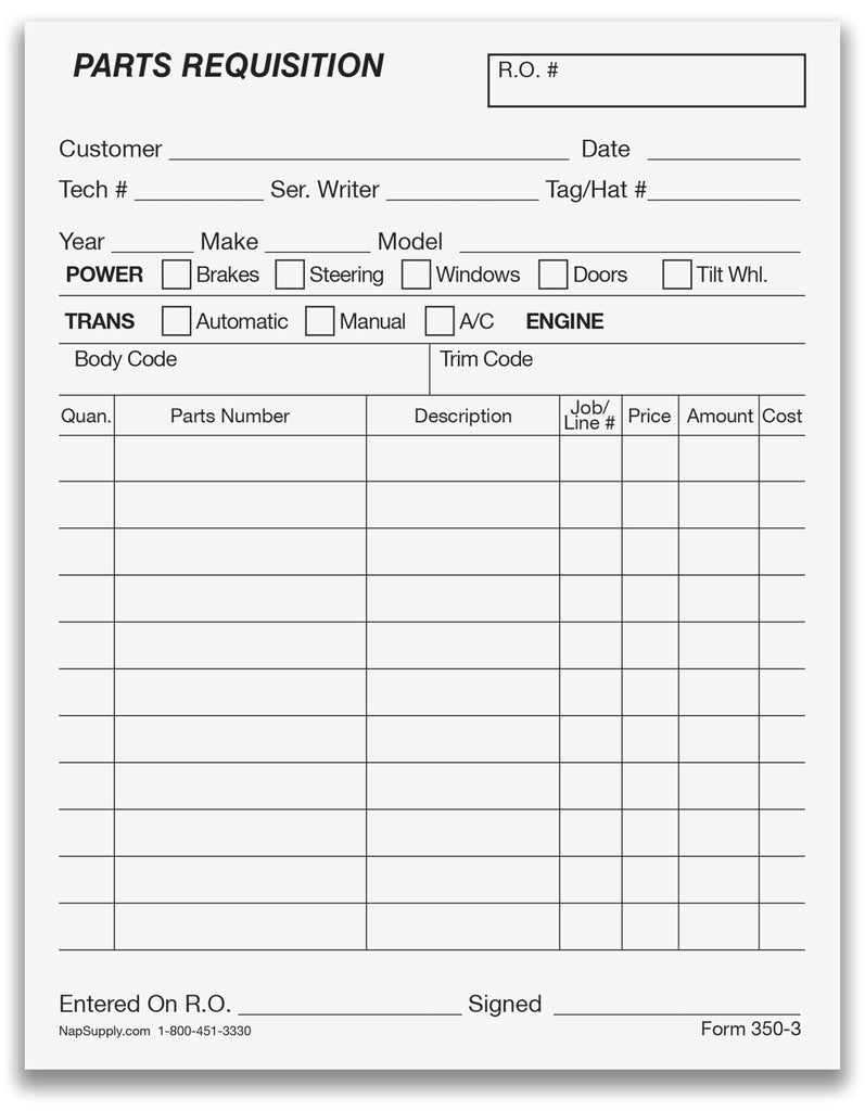 Parts Requisition Form Vertical Layout - 3 Part - Pack of 100