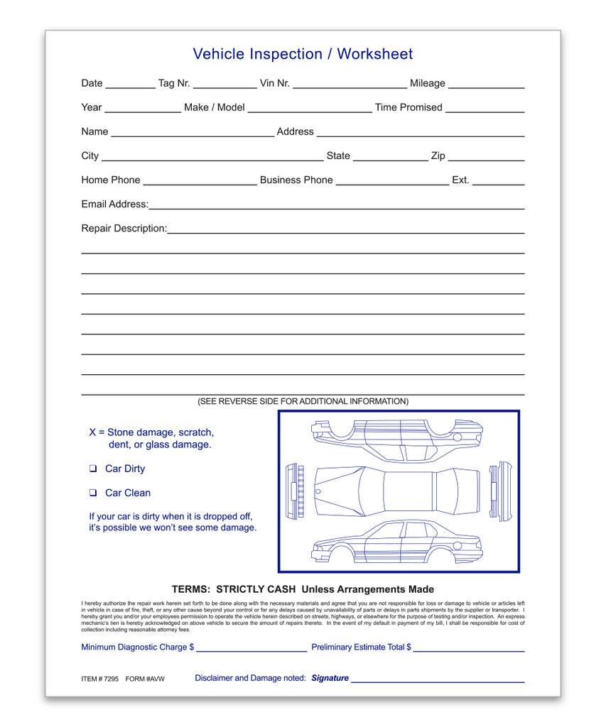 Vehicle Inspection Worksheet - Pack of 100