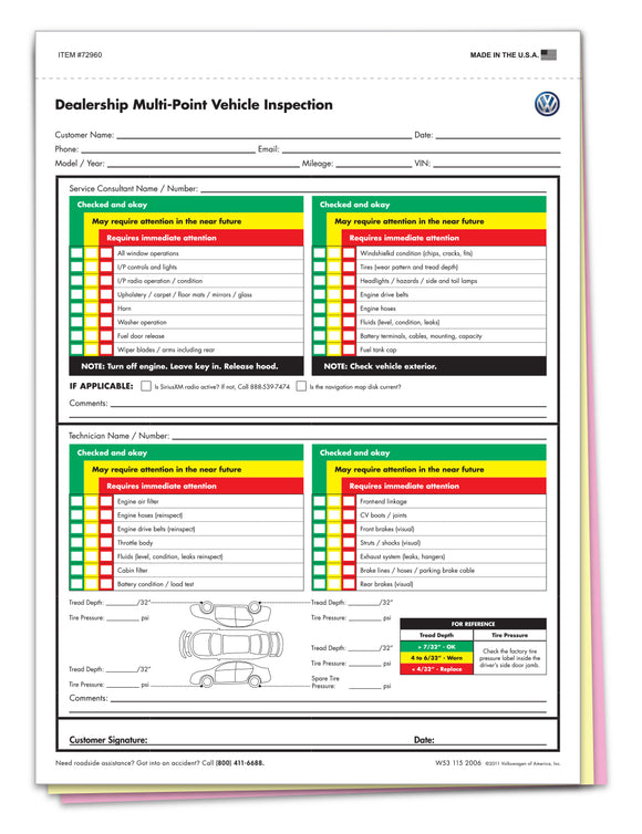 Multi-Point Inspection Forms-Volkswagen - Pack of 250
