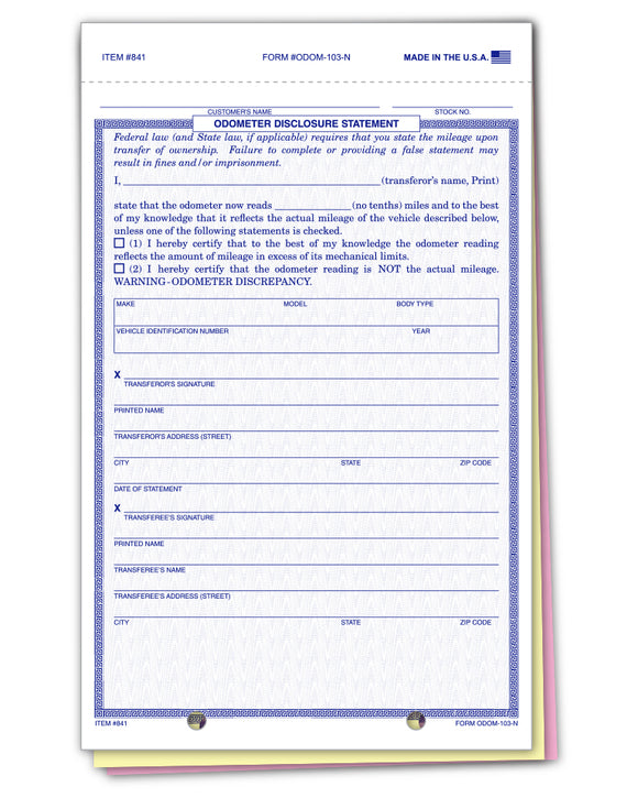 Odometer Certification Forms - 100 Count