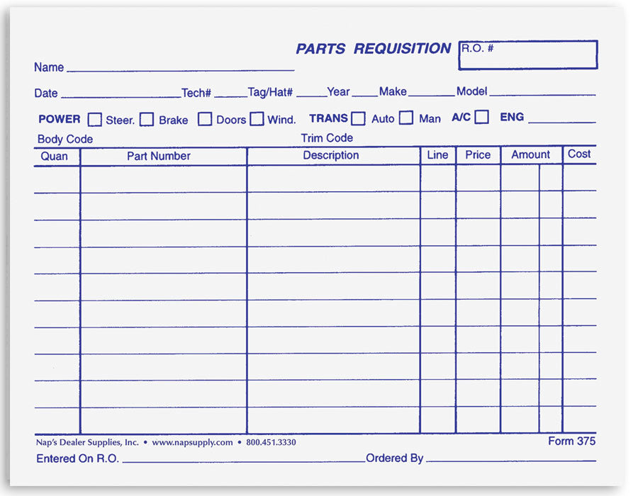 Part Identification Form Parts Requisition Forms - NapSupply.com – Nap Supply