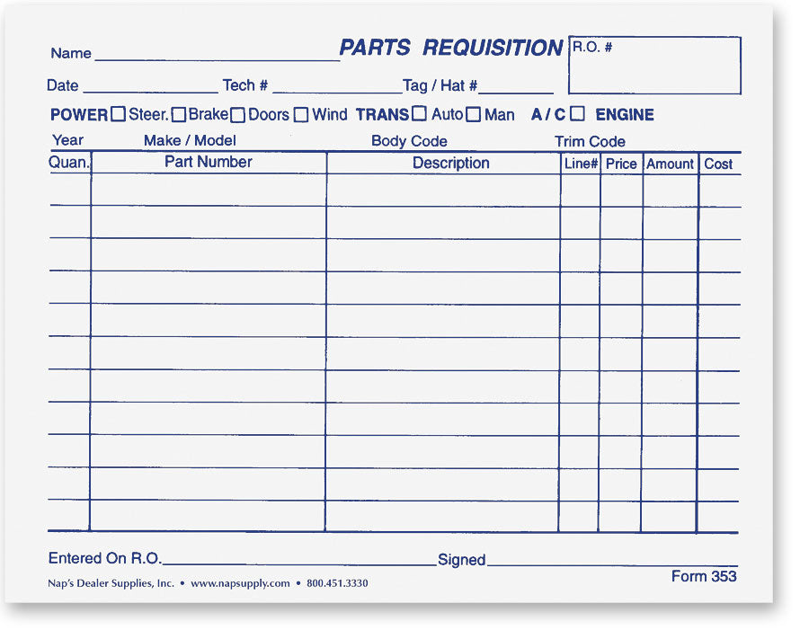 Part Identification Form Parts Requisition Forms Horizontal Layout - 1 Part - NapSupply.com ...