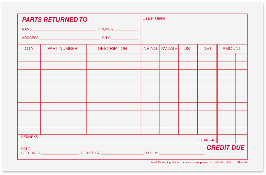 Blank Parts Return Forms for Auto Shops - NapSupply.com – Nap Supply