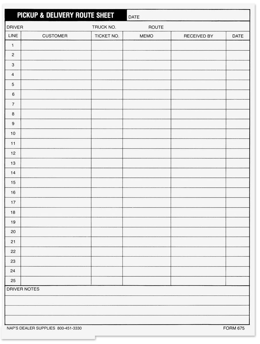 Route List Form Pick Up and Delivery Route Sheets - Napsupply.com – Nap Supply