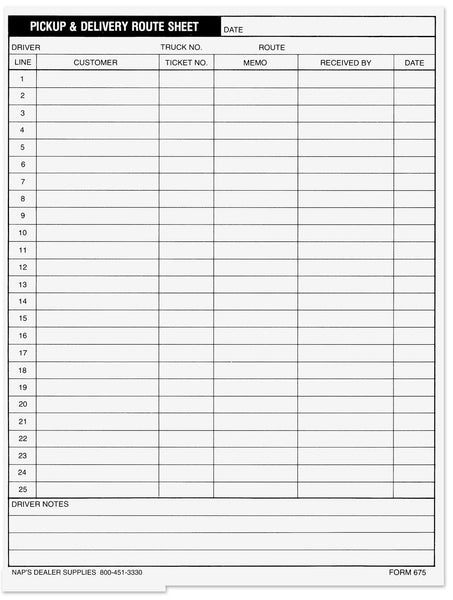 Pick Up and Delivery Route Sheets - Napsupply.com – Nap Supply