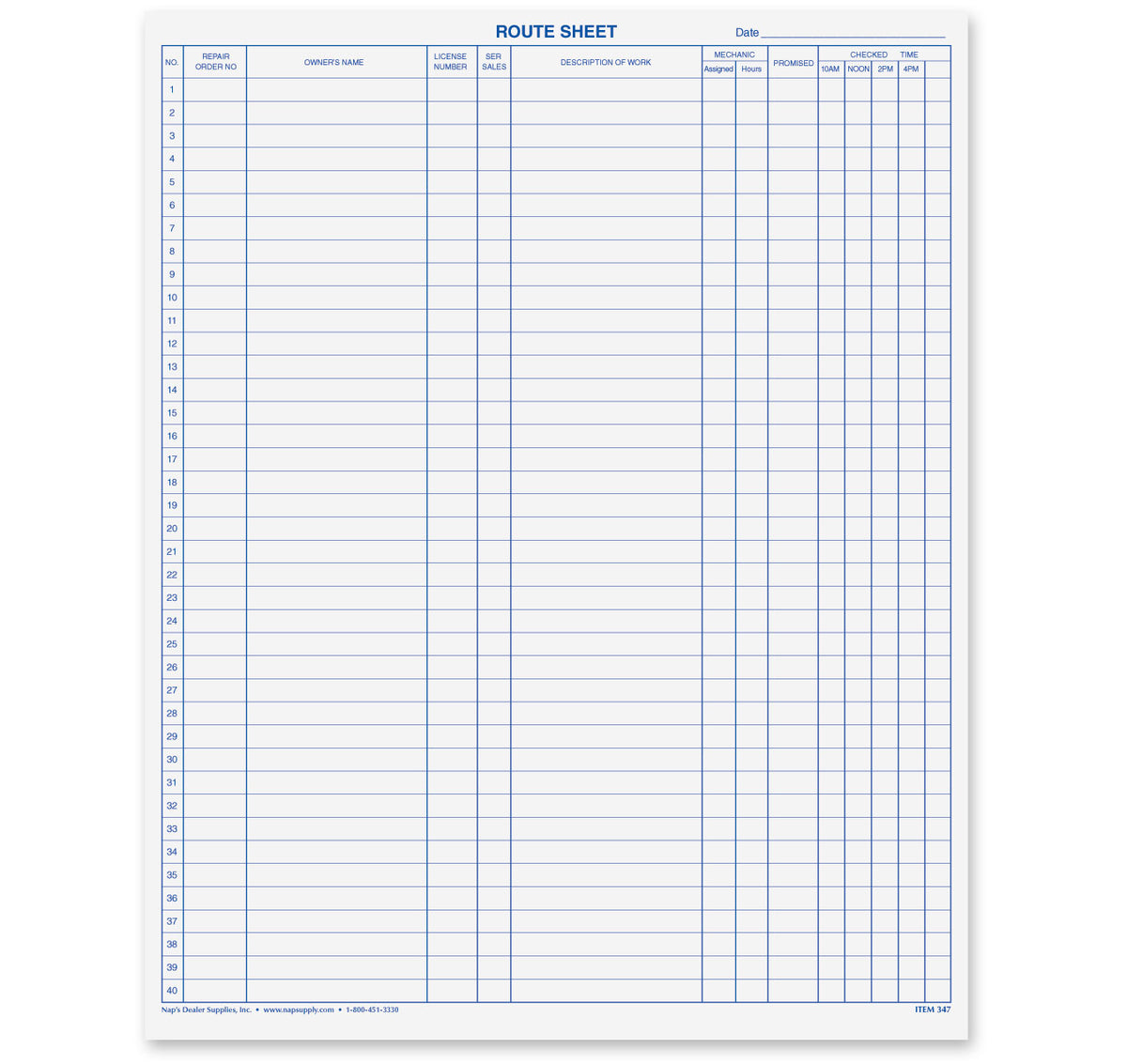Service Route Sheet Forms for Auto Shops - NapSupply.com – Nap Supply