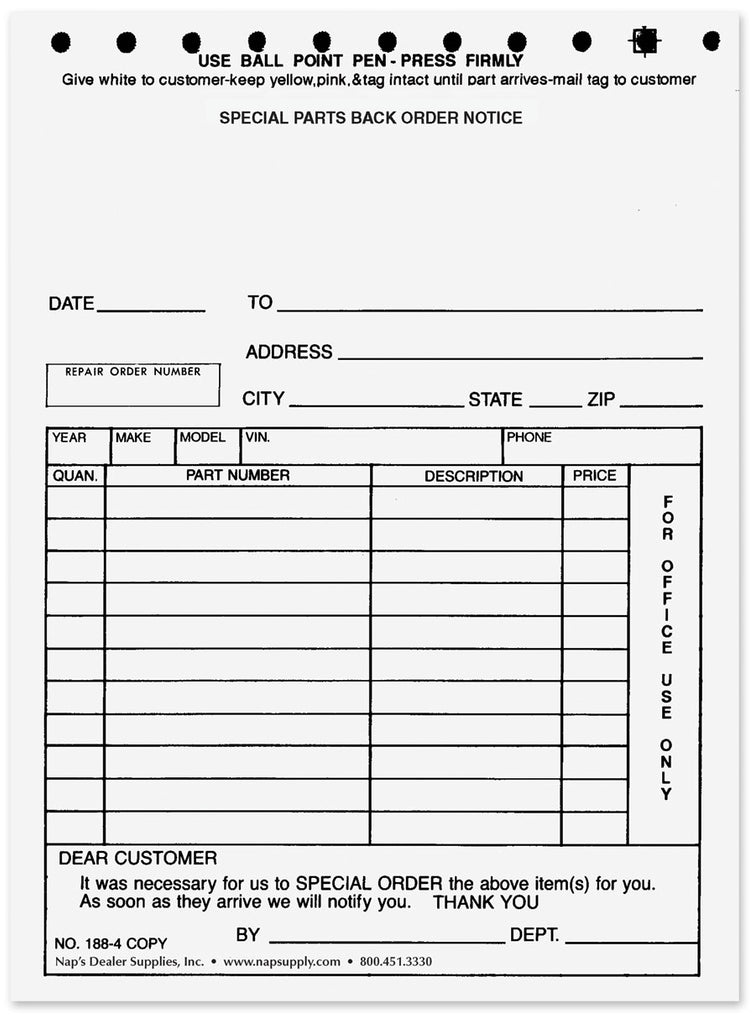 Back Order. Format Forms - Parts – Nap Supply