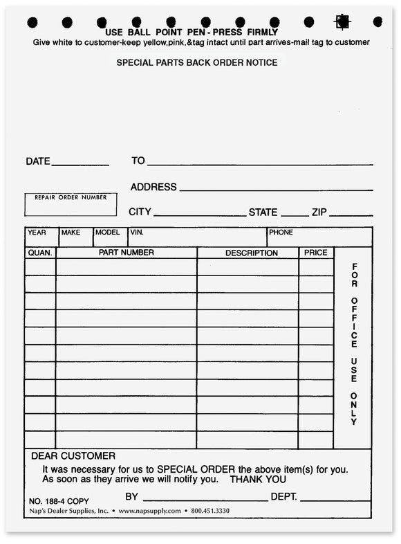 Special Parts Back Order Notices 4 Part Blank - Pack of 100