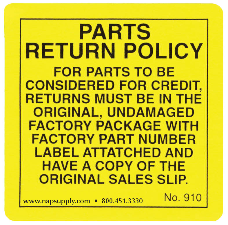 Parts Return Policy Labels - Yellow - Roll of 250